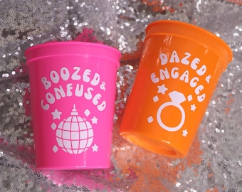 DAZED & ENGAGED CUPS Boozed and Confused for Retro Bachelorette | Bride’s Last Disco, Bach to the 70s, Cowgirl Disco, Groovy Bachelorette