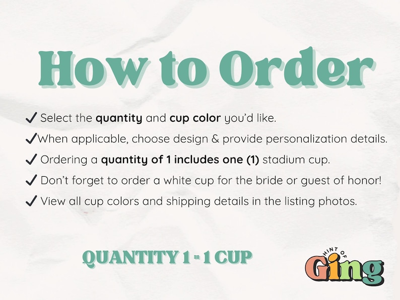 Op de afbeelding: Een turquoise en witte afbeelding met de tekst "How to Order" en opsommingstekens met details over het bestelproces voor stadionbekers. De afbeelding bevat de tekst "QUANTITY 1-1 CUP" en een logo.