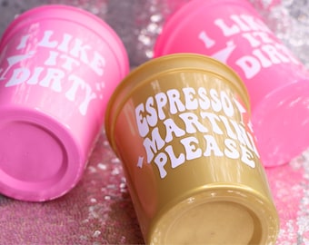 DRINK MARTINIS Cups for Bachelorette Party | Martinis and Bikinis, Dirty Martinis, Martinis and Matrimony, Club Bach, Espresso Martinis