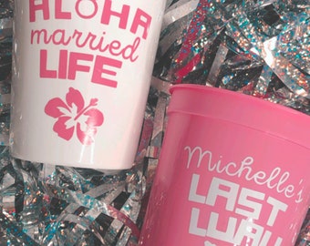 LAST LUAU CUP for Tropical Beach Bachelorette Party | Hawaiian Luau Bachelorette Favors, Aloha Married Life, Hibiscus Flower
