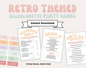 Retro Groovy Last Disco Junggesellenabschienen Party Spiele Naughty Download 5-Pack | Schnitzeljagd, Schnitzeljagd, Braut oder Bräutigam, Trinkspiele, Charades