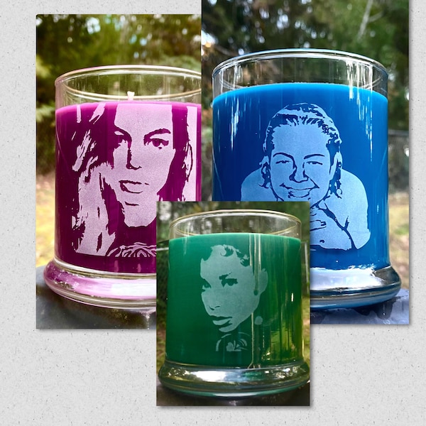 Etched Portrait Candles Custom Made From a Photo and Personalized Message Option Choose Color and Scent