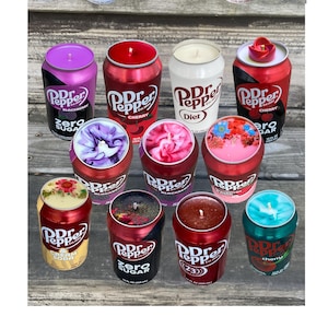 Velas hechas con latas de Dr Pepper: Refrescos reciclados de todos los sabores, cualquier aroma y color de cera: mora, fresas con crema, Light, Zero, Cream Soda.