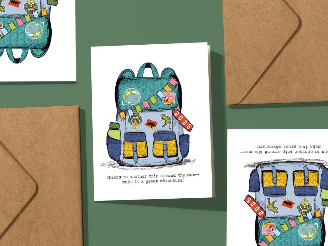 Adventure Backpack Birthday Card – Hand-illustrated ‘trip Around the ...