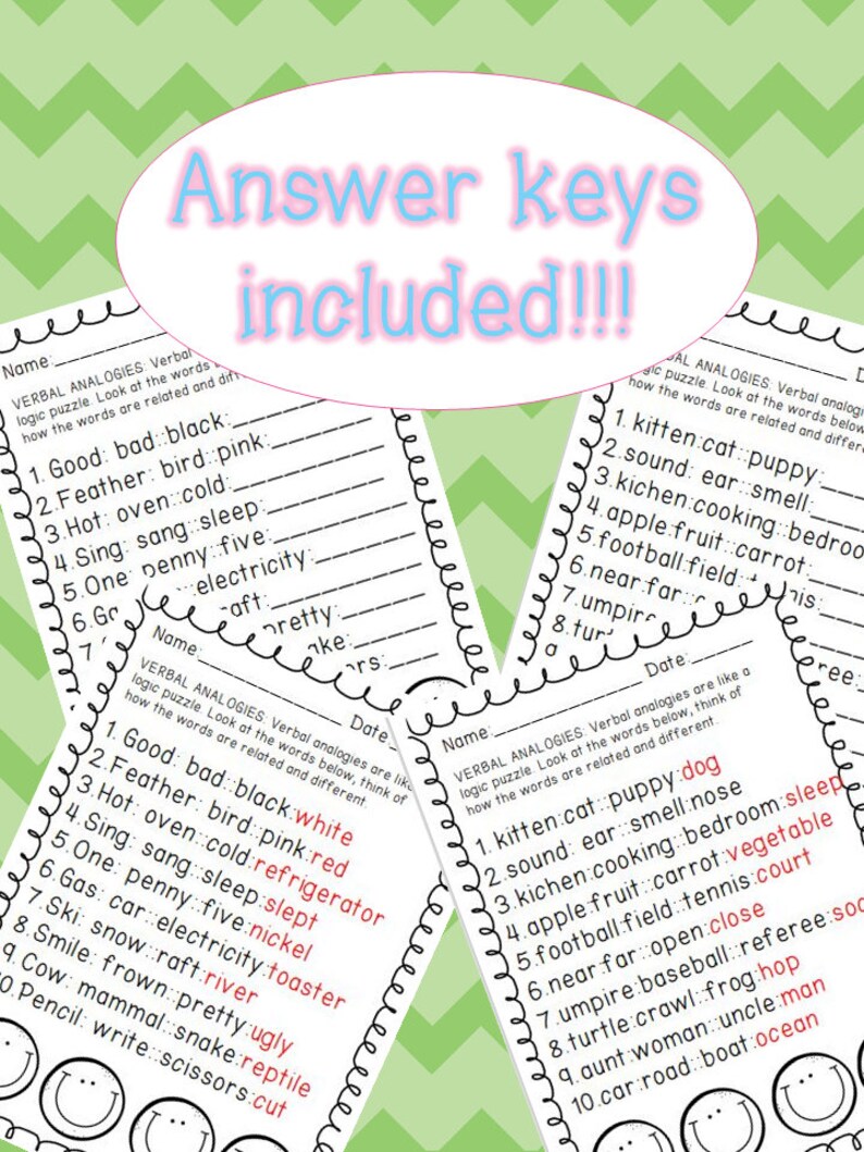 Almost Free Verbal Analogy Worksheets WITH Answer Keys Etsy