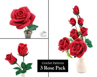 Crochet Roses Patterns Bundle - Crochet Rose Pattern for Bouquet & Arrangement  - Crochet  Flower Pattern