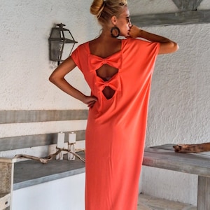 Coral Open Back Bow Maxi Dress Kaftan / Open Back Bow Dress / Summer Dress / Beach Dress / Party Dress / Evening Dress / Backless / #35084