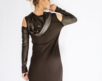 Handmade Black Maxi Dress: Viscose, Cold Shoulder, Long Sleeves, Leather details