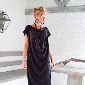 Black Maxi Dress / Black Kaftan / Women Draping Dress / Plus Size Dress / V Neck Dress / Black Midi Dress / Oversize Dress / #35029