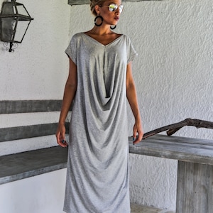 Gray Draping Maxi Dress / V Neck Dress / Plus Size Dress / Loose Dress / Women Summer Dress / Midi Dress / Mid Calf Dress /  #35037