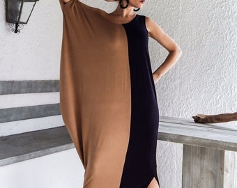 Black & Taupe Viscose Maxi Dress, Asymmetric Kaftan Boho Dress