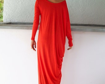 Red Maxi Dress / Red Kaftan / Plus Size Dress / Asymmetrical Dress / Caftan / Long Sleeve dress / Winter dress / Loose Dress / #35056