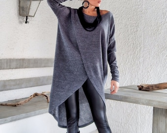 Gray Knit Blouse Tunic with sleeves , Plus Size Winter Women Asymmetric Top #35142