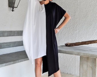 Black & White Dress Tunic / Black White Dress / Plus Size Top / Plus Size Tunic / Asymmetric Plus Size Dress / Oversize Loose Dress / #35070