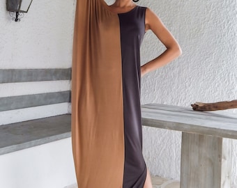 Graues und Taupe Maxikleid / Graues Taupe Kaftan / Asymmetrisches Kleid in Übergröße / Lockeres Oversize Kleid / #35060
