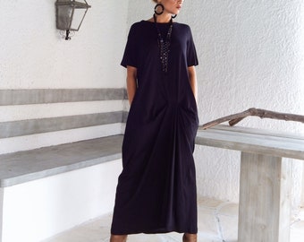 Black Loose Cotton Viscose Maxi Dress, Oversize Kaftan, Plus Size