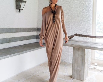 Taupe Maxi Long Sleeve Dress, Plus Size Dress, Kaftan, Long Dress, Women Maxi Dress, Summer Dress, Spring Dress, Beach Dress / #35045
