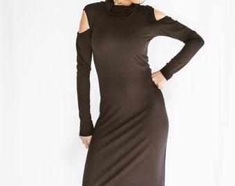 Black Midi Dress, Cold Shoulder Bodycon Fit Cotton Viscose