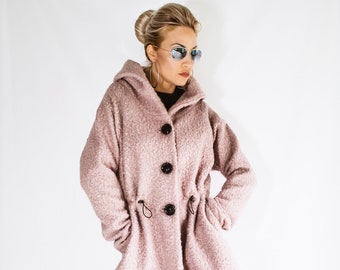 NEW Pink Wool Winter Coat / Women Jacket / Winter Coat / Wool Boucle Coat / Hooded Coat / Coat with Hoodie / Pink Coat  #35374