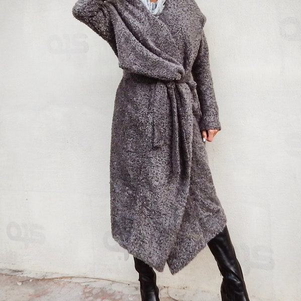 NEW Wool Coat / Warm Winter Coat / Gray Coat / Boucle Coat / Hooded Coat / Women Outerwear / Plus Size clothing / Everyday Coat  #35289