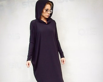 Black Sweater Dress / Long Sweater / Knit Maxi Dress / Asymmetric Winter Dress / Hooded Maxi Dress / Loose Dress / Plus Size Dress / #35291