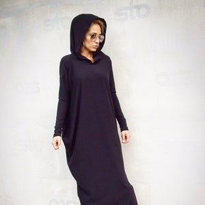 Black Sweater Dress / Long Sweater / Knit Maxi Dress / Asymmetric Winter Dress / Hooded Maxi Dress / Loose Dress / Plus Size Dress / #35291
