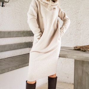 NEW Beige Wool Boucle Dress, Loose Midi Dress, Midi Sweater Dress, Winter Dress, Winter Midi Dress, Wool Winter Dress, Warm Dress #35363