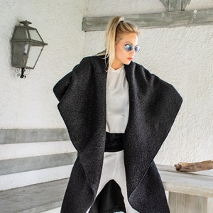 NEW Black Women Coat /Asymmetric Coat / Extravagant Coat / Warm Winter Coat / Plus Size Coat / Black Hooded Coat / Oversize Coat  #35360