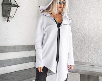 Asymmetrische witte hoodie, katoenen jack met rits, damessweater met capuchon