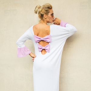 White Open Back Maxi Dress / Dress with Bows / Plus Size Maxi Dress / Bow Dress / Open Back Dress / Long Dress / White Maxi Dress / #35330