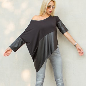 NEW Asymmetric Top Blouse with Black Leather Details / Loose Top / Asymmetric Top / Plus Size Blouse / Plus Size Top / Black Top  #35335