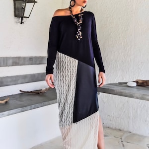 Leather Lace Maxi Dress / Loose Maxi Dress / Long Dress / Evening Dress / Extravagant Dress / Plus Size Dress / Leather Kaftan / #35220