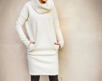 NEW White Sweater Dress / Midi dress / White Maxi Dress / Plus Size Dress / Sweater Dress / Turtleneck Dress / Warm Dress / #35318