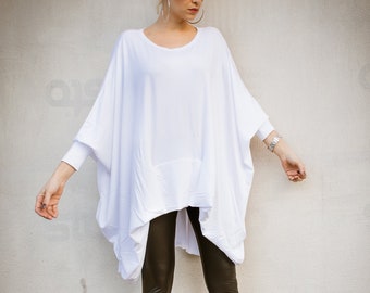 Tunique chemisier oversize blanche/Tunique asymétrique/Top blanc/Tunique femme/Top grande taille/Tunique grande taille/Vêtements grande taille/#35312