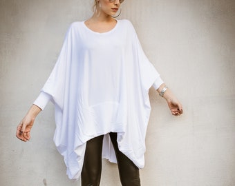 White Viscose Asymmetric Tunic Top - Oversize Blouse