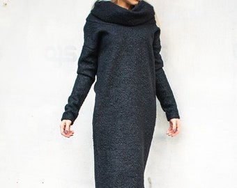 Handgemachte Boucle Schwarz Maxi Kleid, Plus Size Wollmischung