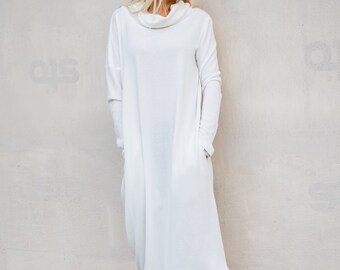 NEW Off White Maxi Dress / Wool Clothing / Sweater Dress / Plus Size Dress / Long Sleeved Dress / Winter Outfit / Women Maxi Dress #35304