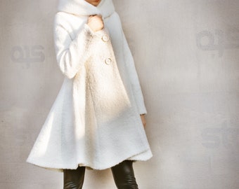 Manteau d'hiver en laine bouclée/Manteau blanc/Manteau évasé/Manteau en laine pour femme/Manteau évasé pour femme/Vêtements d'extérieur pour femme/Manteau grande taille/#35308