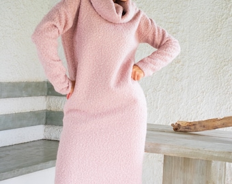 Pink Wool Blend Maxi Sweater Dress Turtleneck Plus Size with Pockets #35261