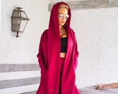 Red Neoprene Wide Leg Pants, Handmade Plus Size Trousers