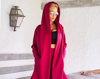 NEW Red Women Coat / Neoprene Women Jacket / Wide Leg Pants / Asymmetric Cardigan / Women Coat / Neoprene Coat / Plus Size / #35296