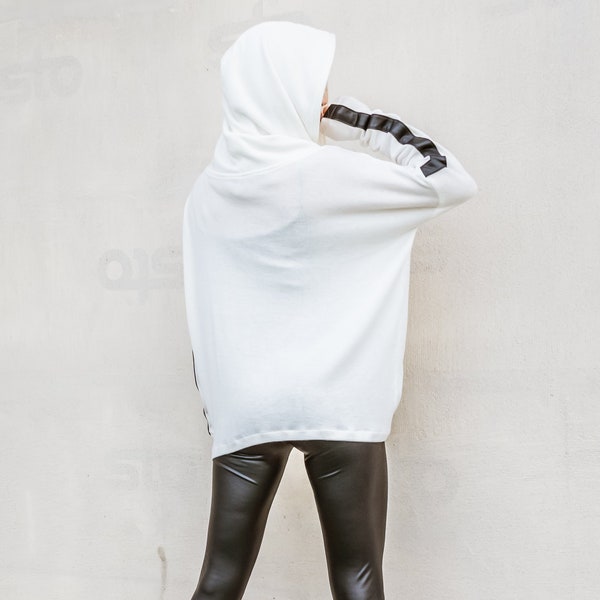 NEW Off White Hoodie / Oversized Hoodie / Hooded Sweater / Hooded Top / Short Front Hoodie / White Sweater / Plus Size Hoodie / #35301