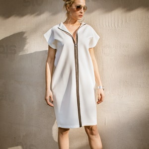 NEW Neoprene Midi Dress /Off White Midi Dress / Plus Size Dress / Dress with Zipper / Dress with Pockets / Women Midi Dress /  / #35320