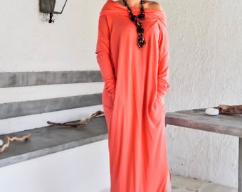 Coral Maxi Long Sleeve Dress with pockets / Coral Kaftan / Plus Size Dress / Loose Dress / Plus Size Maxi / Turtleneck Dress  #35211