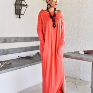 Coral Maxi Long Sleeve Dress with pockets / Coral Kaftan / | Etsy
