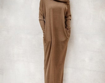 Handmade Knit Maxi Dress with Pockets, Plus Size Winter Clothing #35283