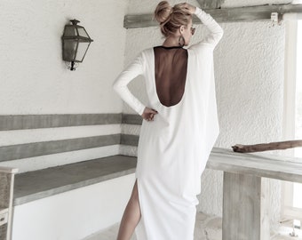 White Maxi Dress Kaftan with Black See-Through Detail / Asymmetric Open Back Dress / Oversize Loose Dress / Plus Size /Open Back Maxi #35068