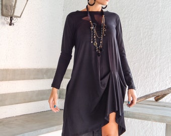 Black Midi Dress / Black Asymmetrical Dress / Black Plus Size dress / Long Sleeve Dress / Dress with sleeves / Plus Size Dress / #35027