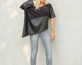 Asymmetric Top Blouse with Black Leather Details / Loose Top / Asymmetric Top / Plus Size Blouse / Plus Size Top / Black Top  #35335