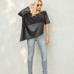 Asymmetric Top Blouse with Black Leather Details / Loose Top / Asymmetric Top / Plus Size Blouse / Plus Size Top / Black Top  #35335
